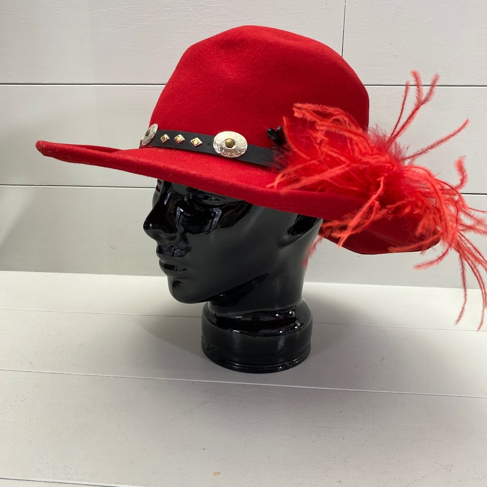 Vintage Golden Gate Hat Co Red Wool Concho Feather Western Hat Women Medium USA